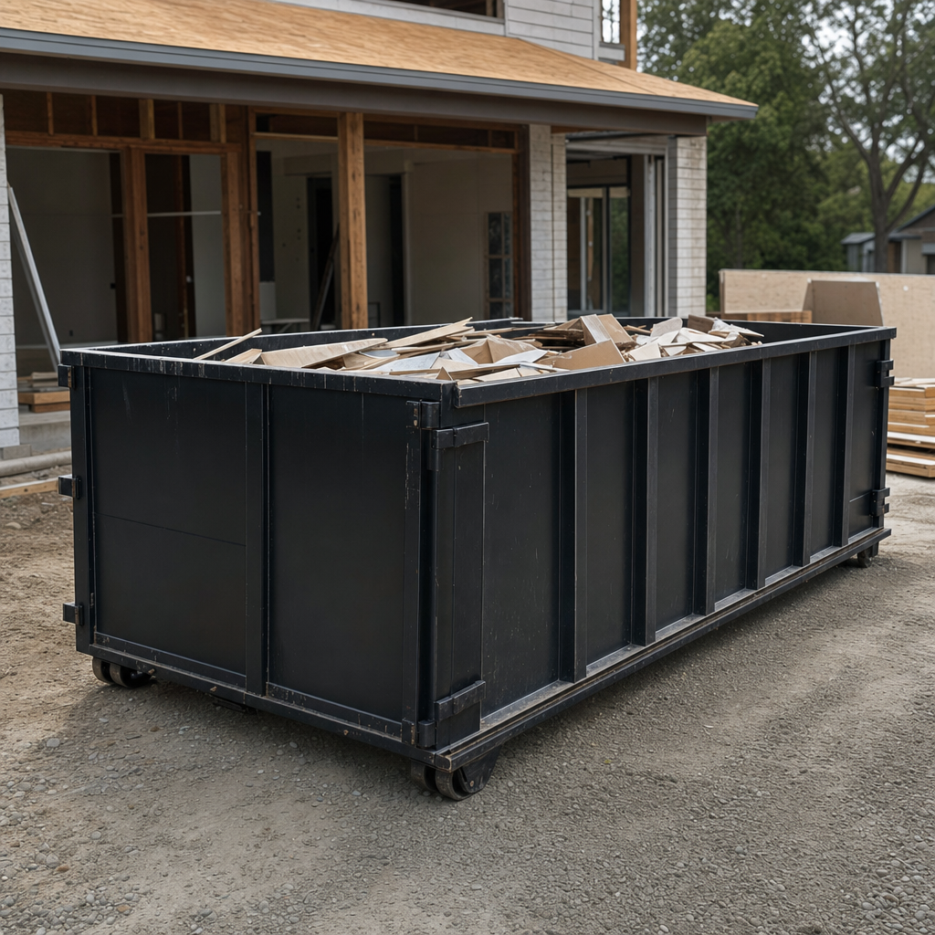 Large matte-black 30-yard construction roll-off dumpster at an active Chandler jobsite, steel-gray top rails and bottom rollers visible, loaded with construction debris.