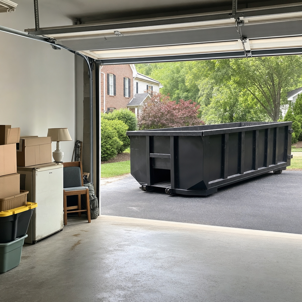 Open garage interior in a Chandler home mid-cleanout — boxed items, an old appliance, and stacked yard tools queued near the driveway for a matte-black roll-off dumpster, organized and calm