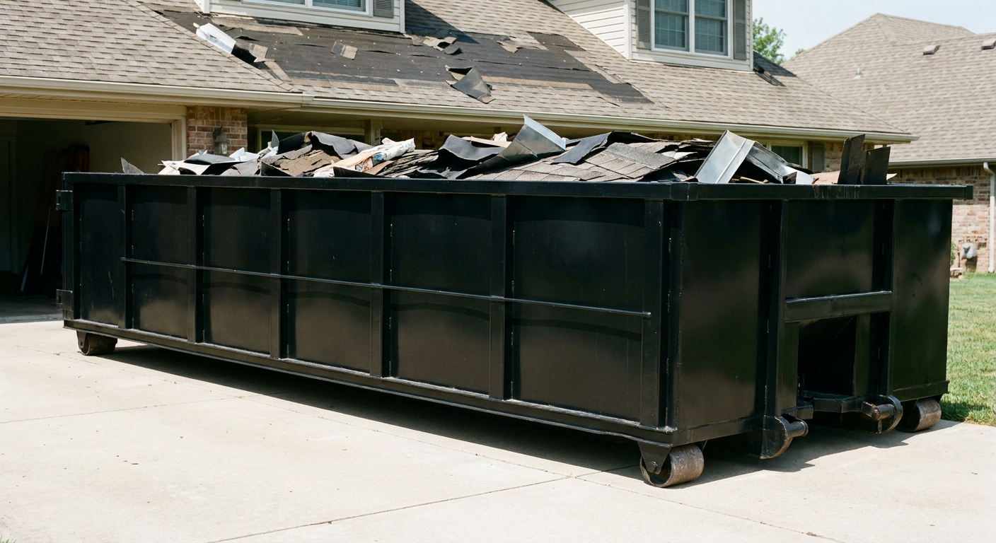Matte-black 20-yard roofing roll-off dumpster with steel ribbed sides and swinging rear door, sitting directly on the concrete driveway of a two-story Chandler home, asphalt shingle debris being loaded over the low wall, clean documentary lighting.