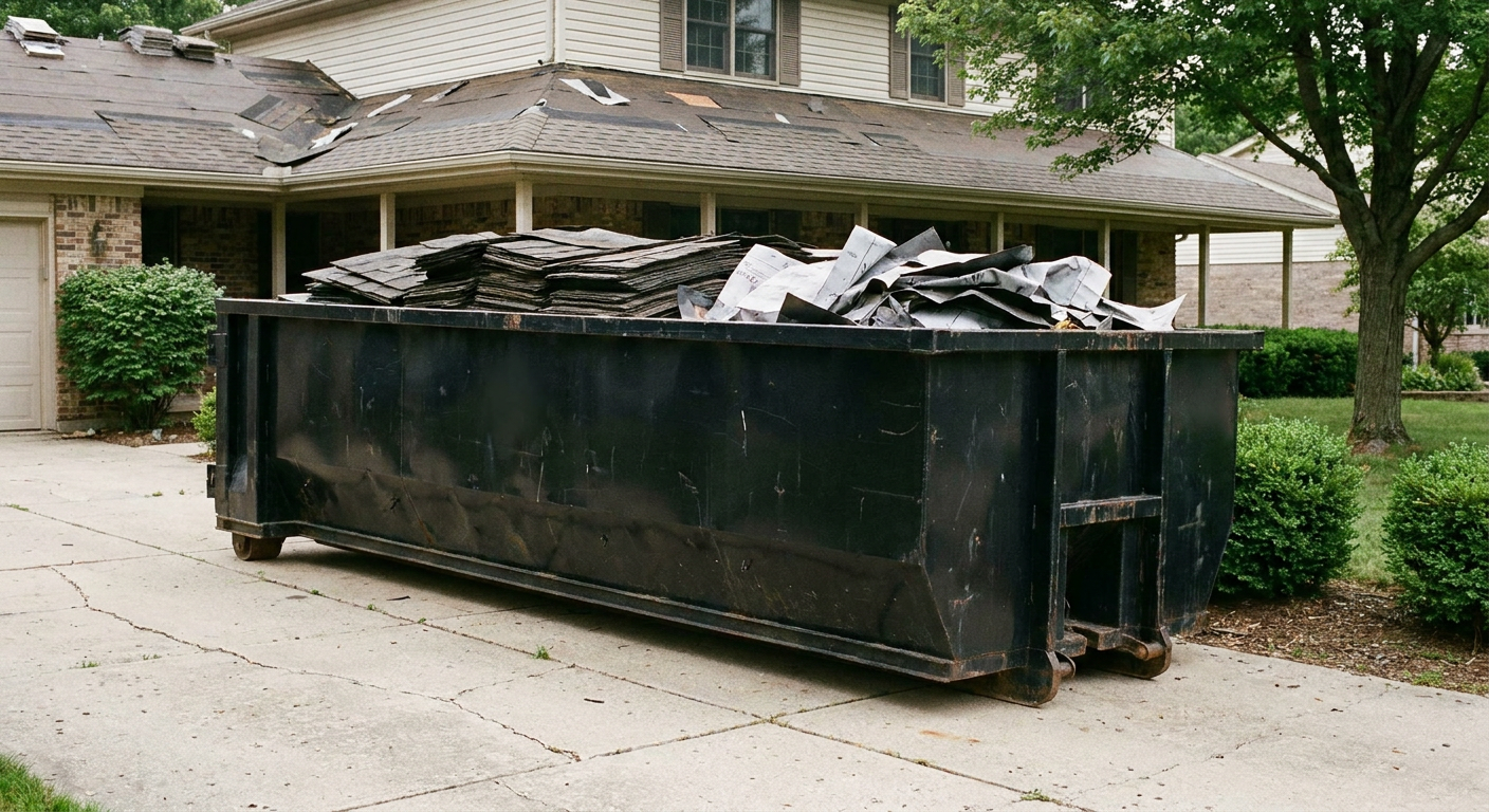 Matte-black 30-yard roofing roll-off dumpster sitting directly on a Chandler concrete driveway, taller ribbed steel side panels, mixed tear-off debris of asphalt shingles and underlayment inside, professional documentary daylight.