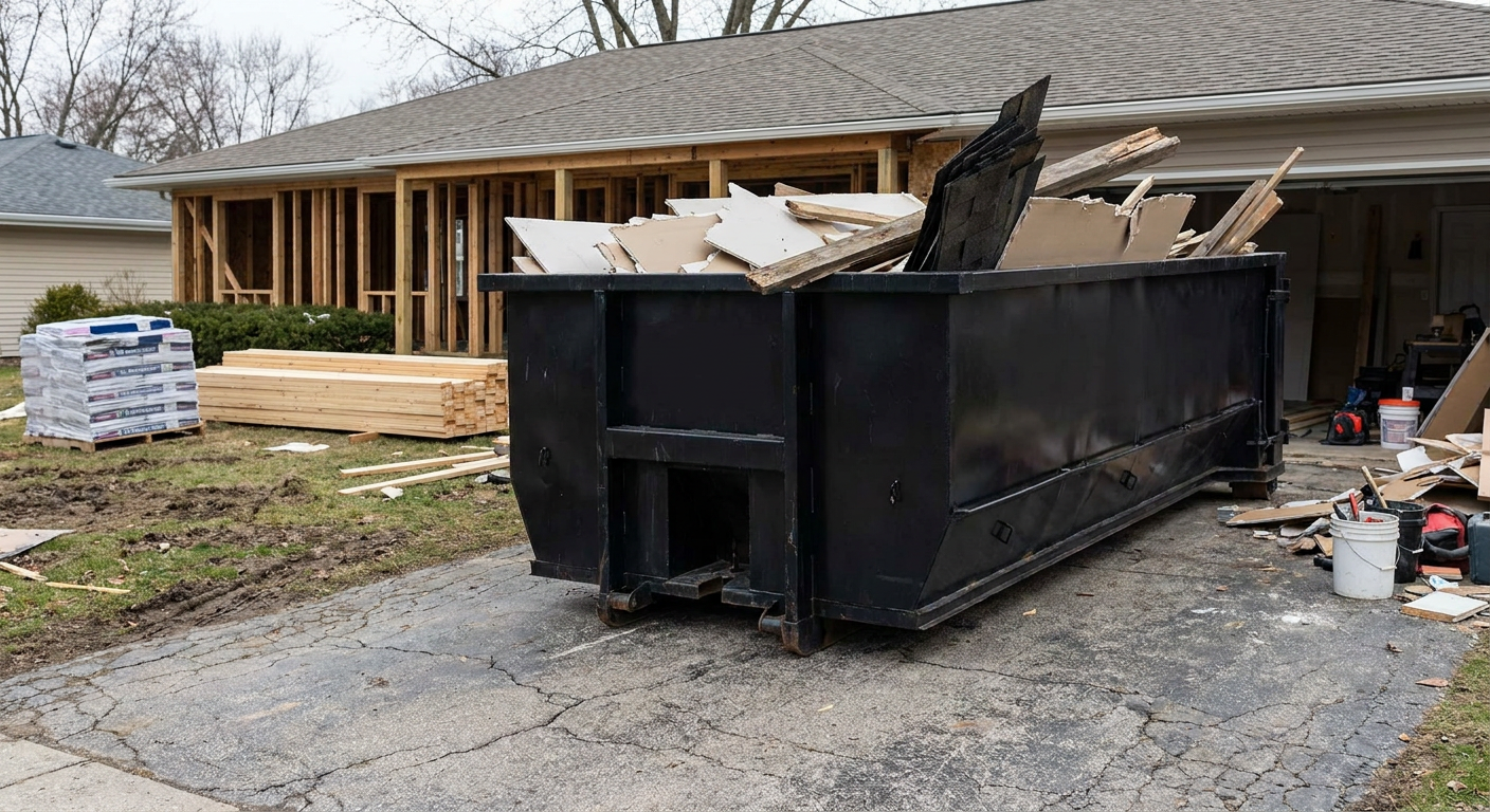 A matte-black 20-yard roll-off dumpster placed alongside a mid-renovation Chandler home directly on the asphalt driveway, with framing materials and torn-off shingles staged neatly nearby.