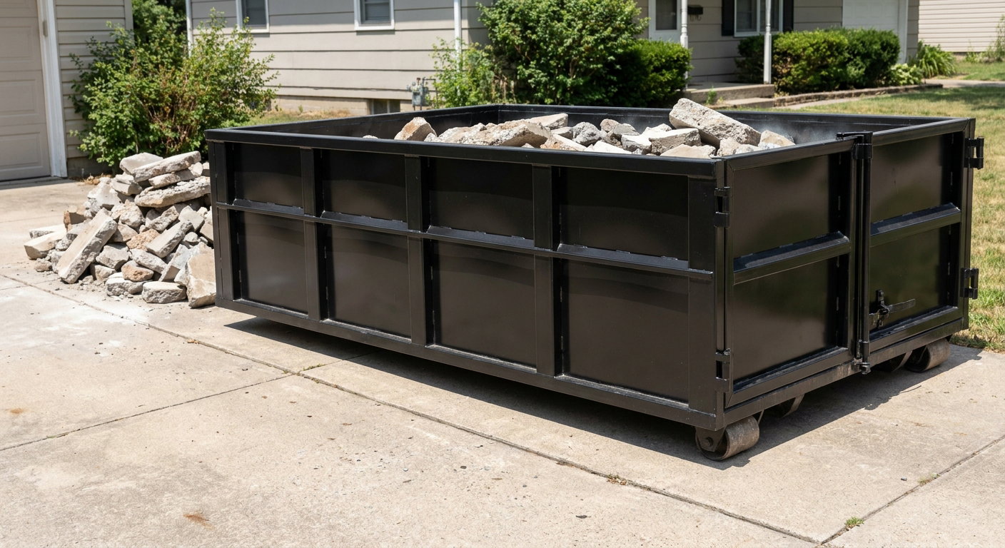 A matte-black low-side heavy-debris roll-off dumpster placed directly on a Chandler concrete driveway, with broken concrete chunks neatly stacked beside it under clean daylight.